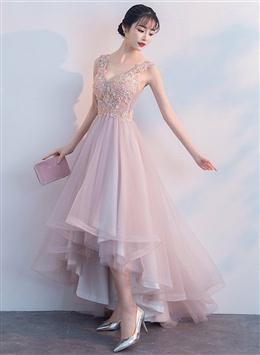 Picture of Pink V-neckline High Low Formal Dresses, Lace Applique Homecoming Dresses